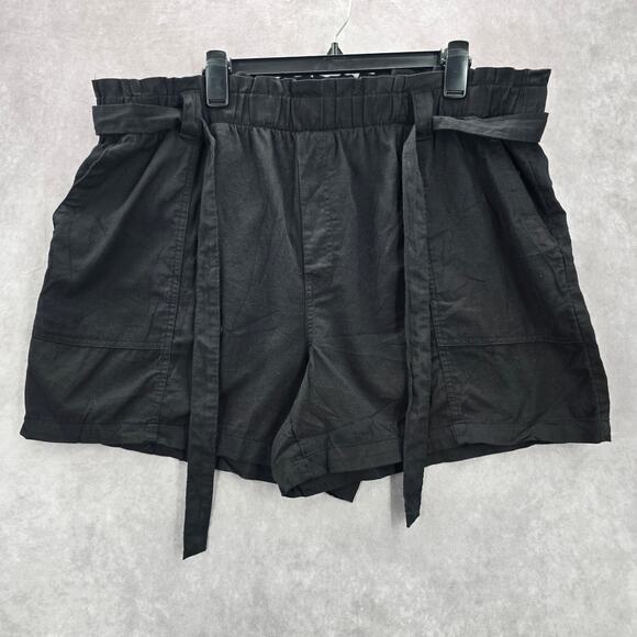 Terra & Sky Black Pullon Ruffle Belted Cotton Linen Pants Shorts Plus 1X 16W 18W - Picture 1 of 6